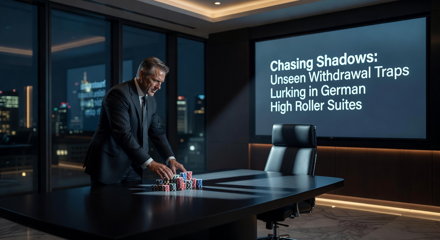Luxuriöse High-Roller-Suite in einem deutschen Casino-Hotel mit gedimmtem Licht und opulentem Interieur, das verborgene Risiken andeutet