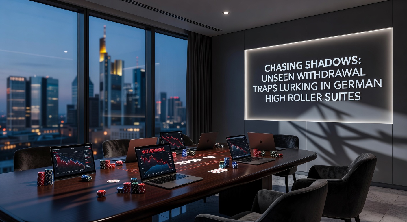 Nahaufnahme eines High-Rollers am Pokertisch in einer schummrigen Suite, mit Stapeln von Chips und einem Laptop für Auszahlungschecks im Hintergrund
