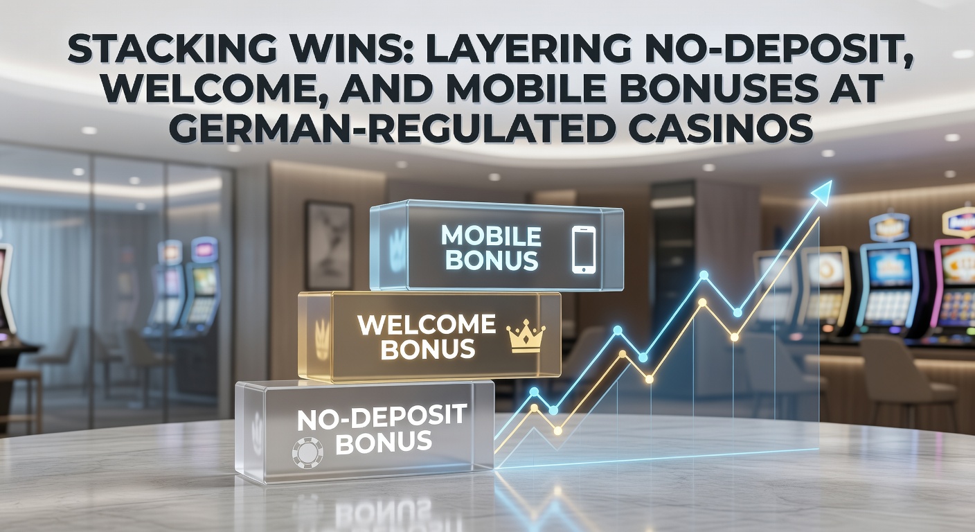 Grafik zeigt gestapelte Bonus-Symbole wie No-Deposit-Münzen, Willkommensgeschenke und Mobile-Icons vor einem deutschen Casino-Hintergrund